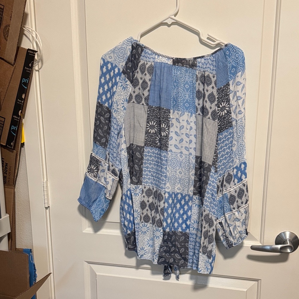 Ruby Rd. Blue And Gray Patchwork Blouse - image 3